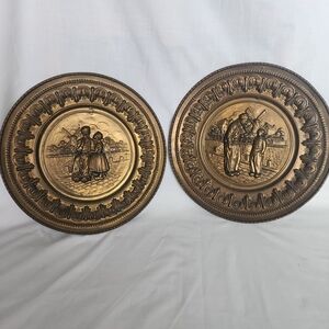 Vintage Lombard England Brass Wall Plates Embossed Decor - 2 Pieces